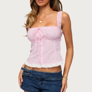 Zeffie Textured Gingham Tie Front Top