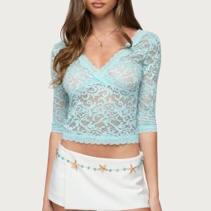 Elowin Sheer Lace V Neck Top