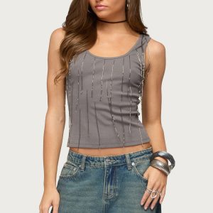 Beaded Fringe Ribbed Tank Top