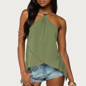 Chiffon Split Open Back Halter Top