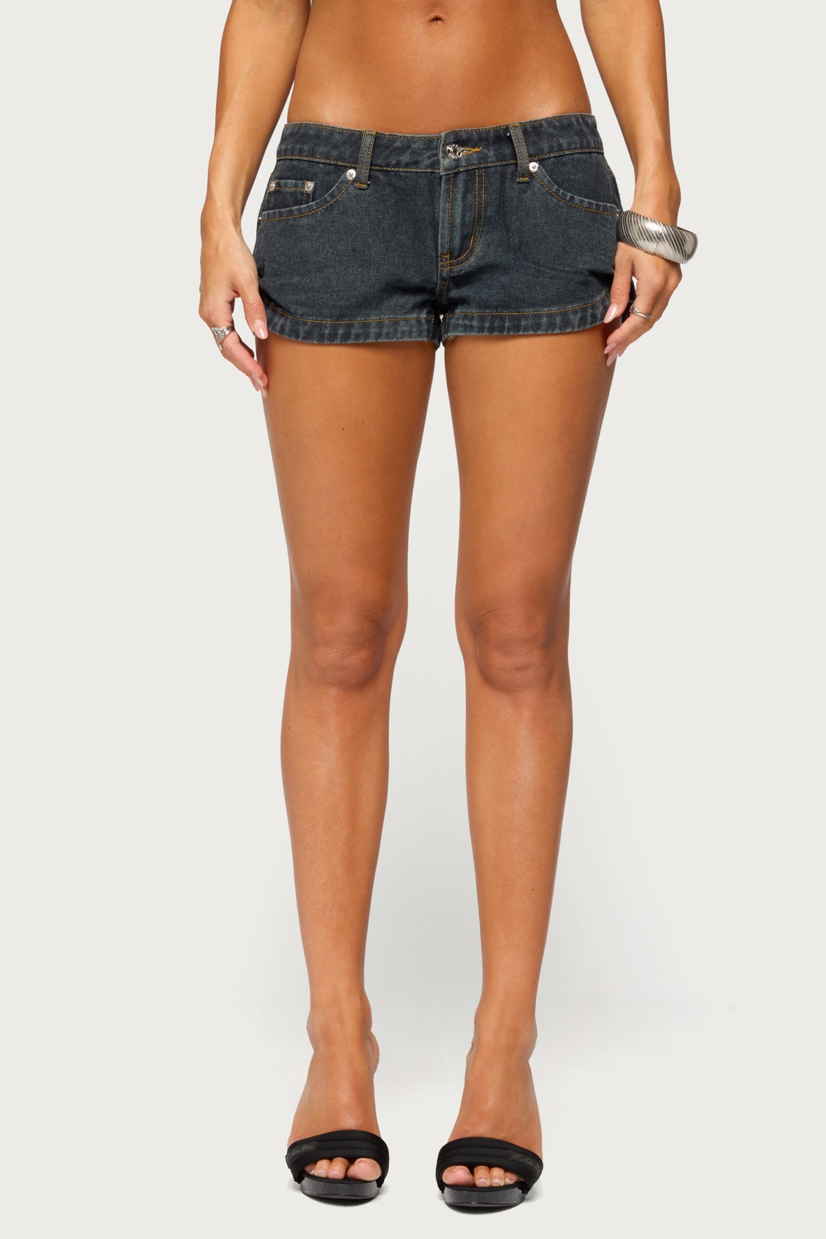 Pleated Low Rise Denim Micro Shorts - Image 2