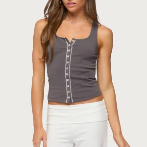 Contrast Button Up Ribbed Tank Top