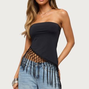 Sarika Asymmetric Fringe Strapless Top