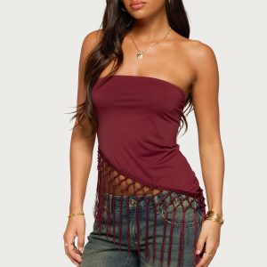Sarika Asymmetric Fringe Strapless Top