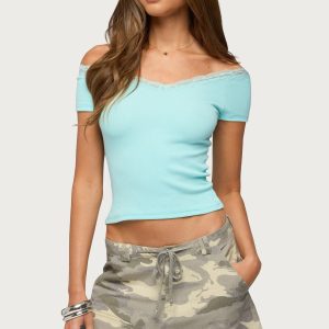 Moranne Lacey Off Shoulder Ribbed Top