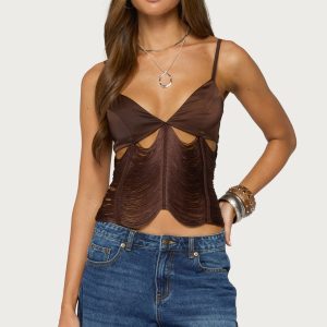 Dulcy Cutout Fringed Satin Effect Top