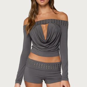 Amy Studded Off Shoulder Cowl Neck Top