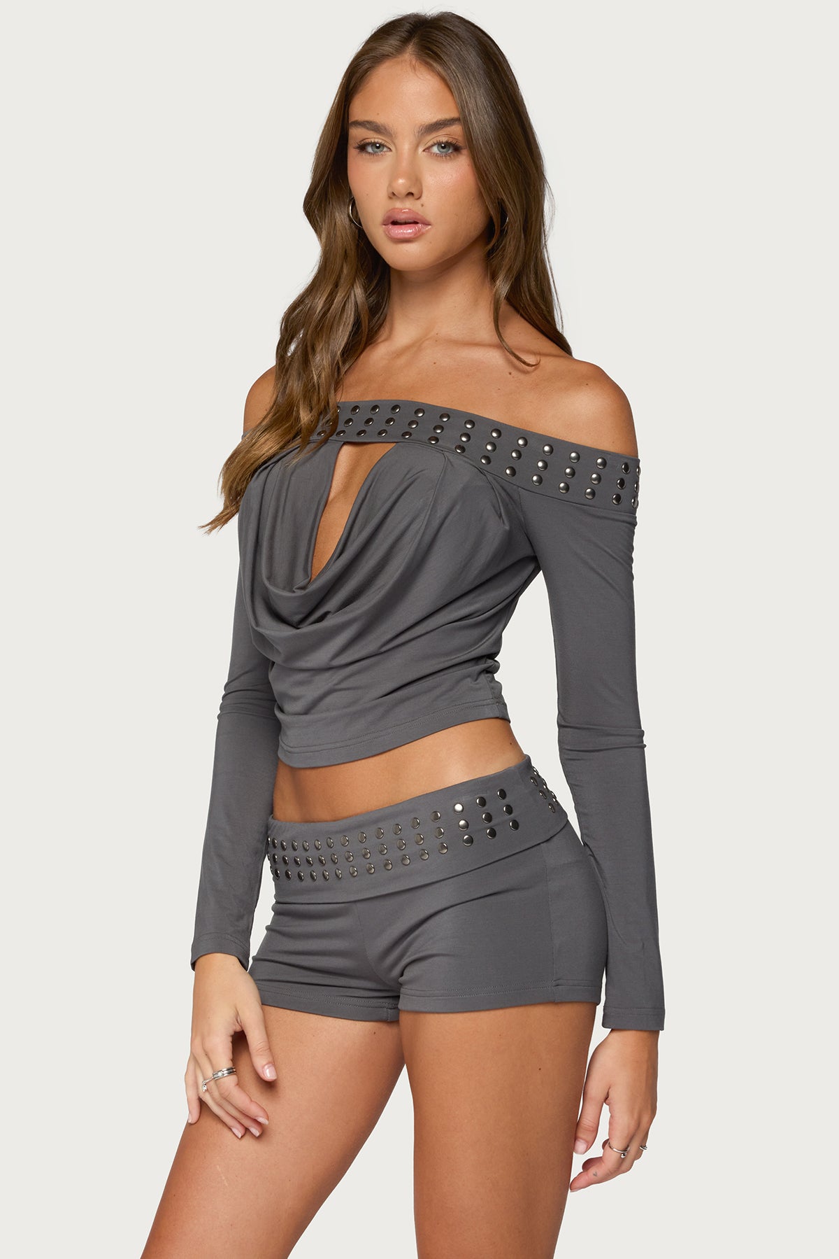 Amy Studded Off Shoulder Cowl Neck Top - Image 3