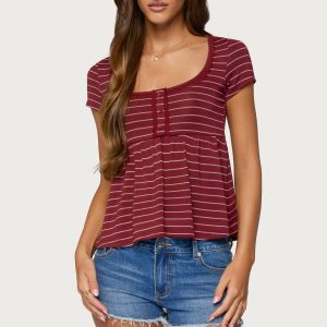 Jina Lacey Striped Babydoll Henley Top