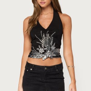 Aelixa Floral Sequin Halter Top