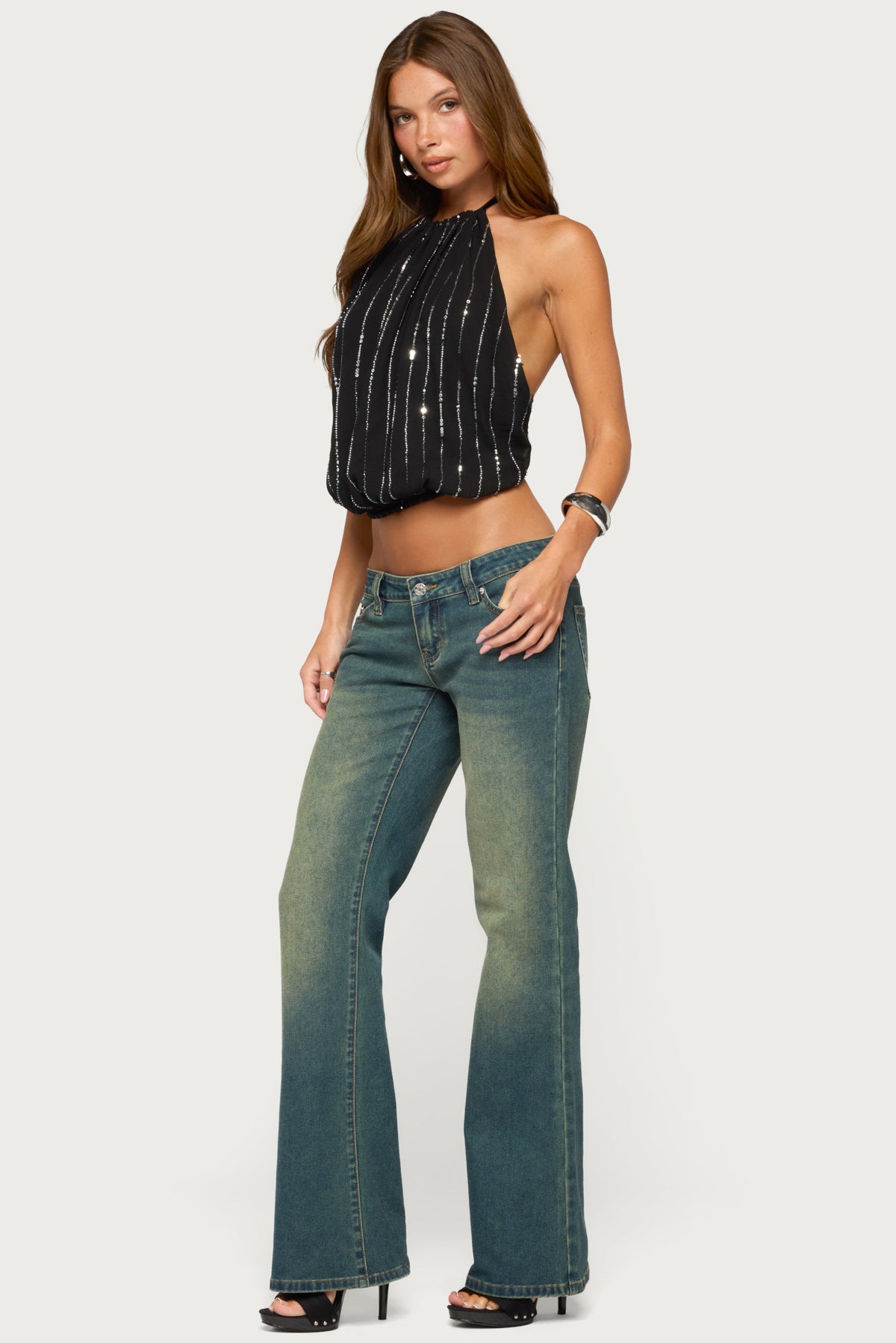 Neala Backless Sequin Chiffon Halter Top - Image 5