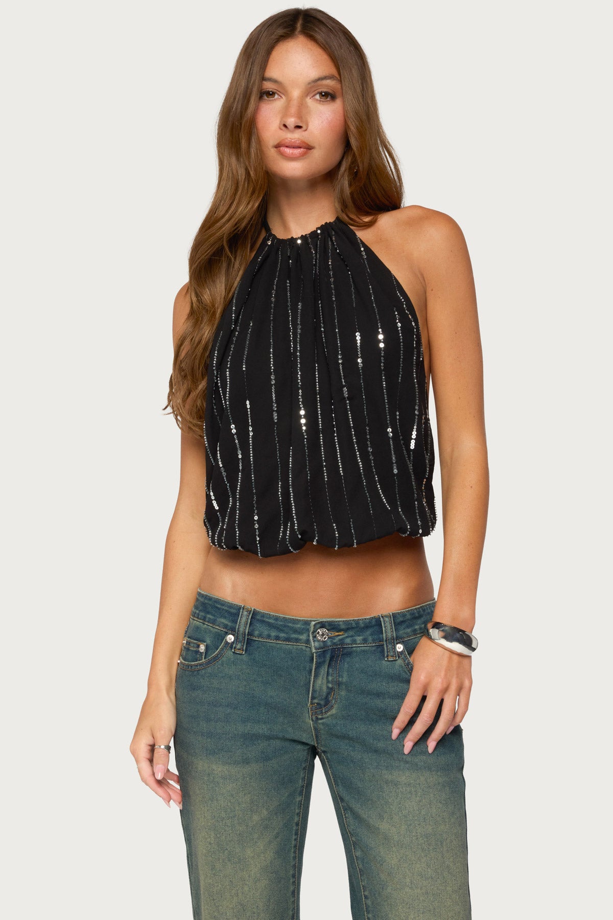Neala Backless Sequin Chiffon Halter Top - Image 4