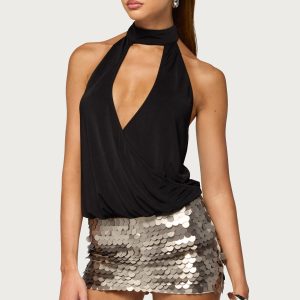 Lizah High Neck Cutout Wrap Top
