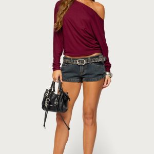 Pleated Low Rise Denim Micro Shorts
