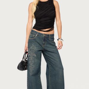 Rhinestone Graphic Low Rise Baggy Jeans