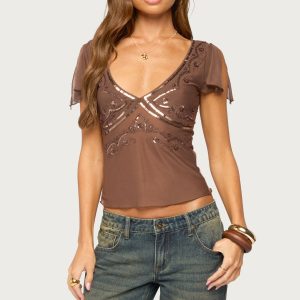 Ciri Sequin Mesh V Neck Top