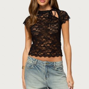 Cleoh Keyhole Sheer Lace Top