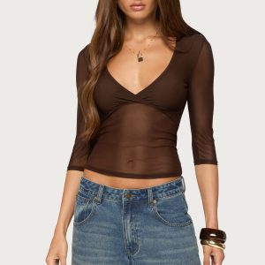 Saely Sheer Mesh Three-Quarter Sleeve Top