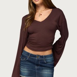 Bebe Ruched Long Sleeve V Neck Top