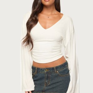 Bebe Ruched Long Sleeve V Neck Top