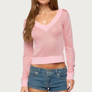Acey Sequin Shiny Knit V Neck Top