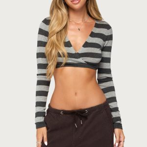 Meira Striped Knit Wrap Crop Top