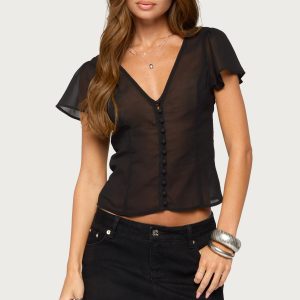 Lania Sheer Chiffon Button Up Top
