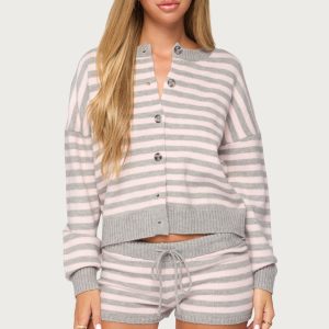 Abra Striped Knit Button Up Cardigan