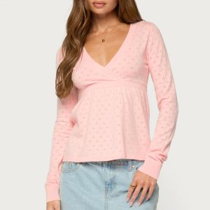 Basha Pointelle Knit V Neck Top