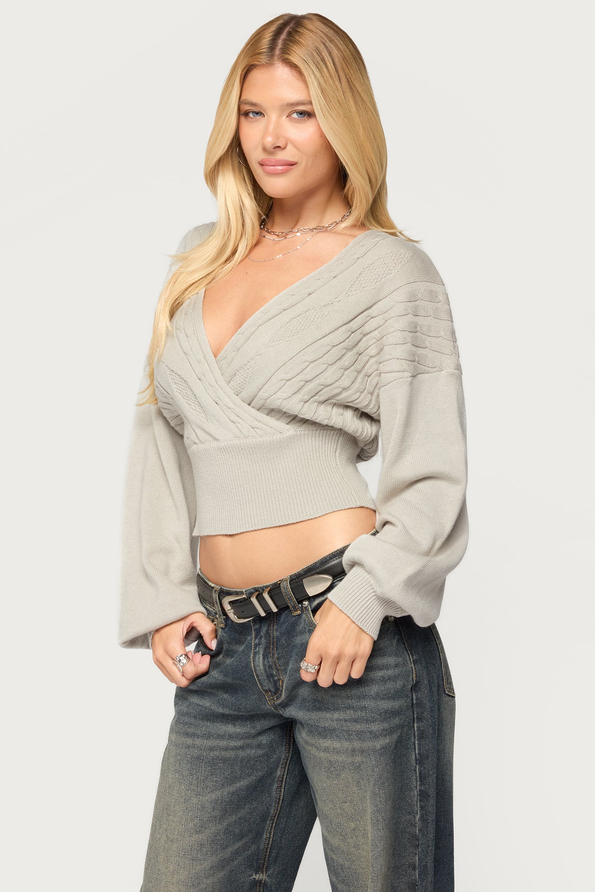 Aloa Cable Knit Wrap Sweater - Image 3