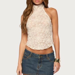 Ziara Floral Sheer Mesh Halter Top