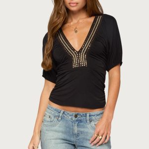 Taci Stud & Bead V Neck Top