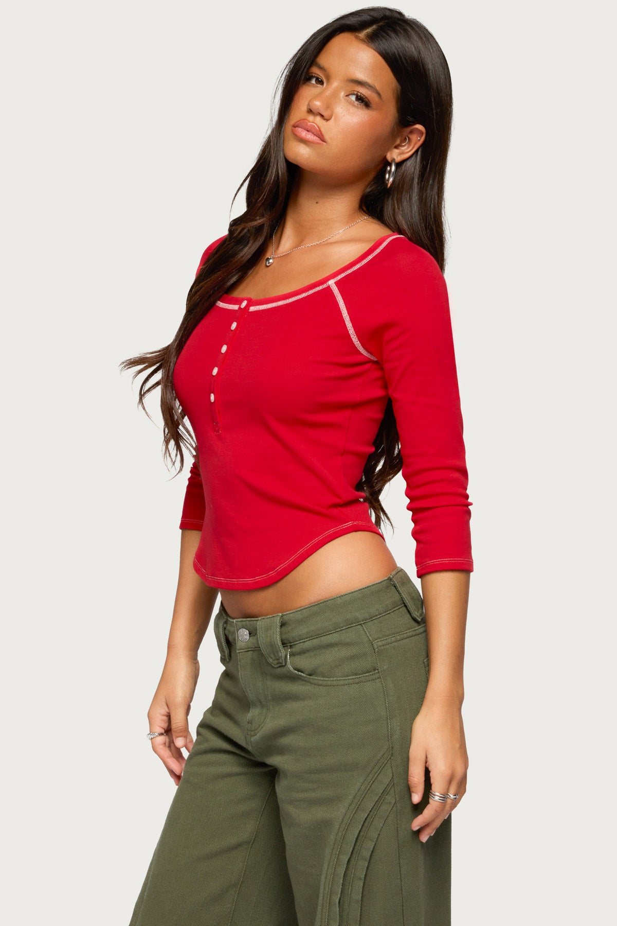 Jaeva Three-Quarter Sleeve Henley Top - Image 3