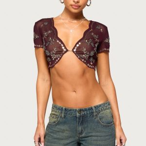 Kaelynn Bead And Sequin Mesh Top