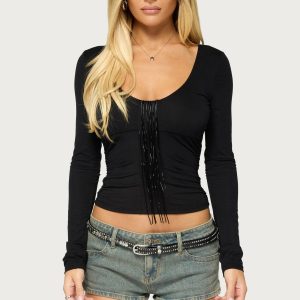 Rosalynn Metallic Fringe Long Sleeve Top