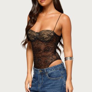 Aubree Sheer Lace Rhinestone Bodysuit
