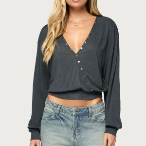 Ebby Studded Long Sleeve Wrap Top