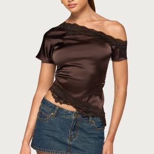 Dovie Satin Effect Lacey Off Shoulder Top