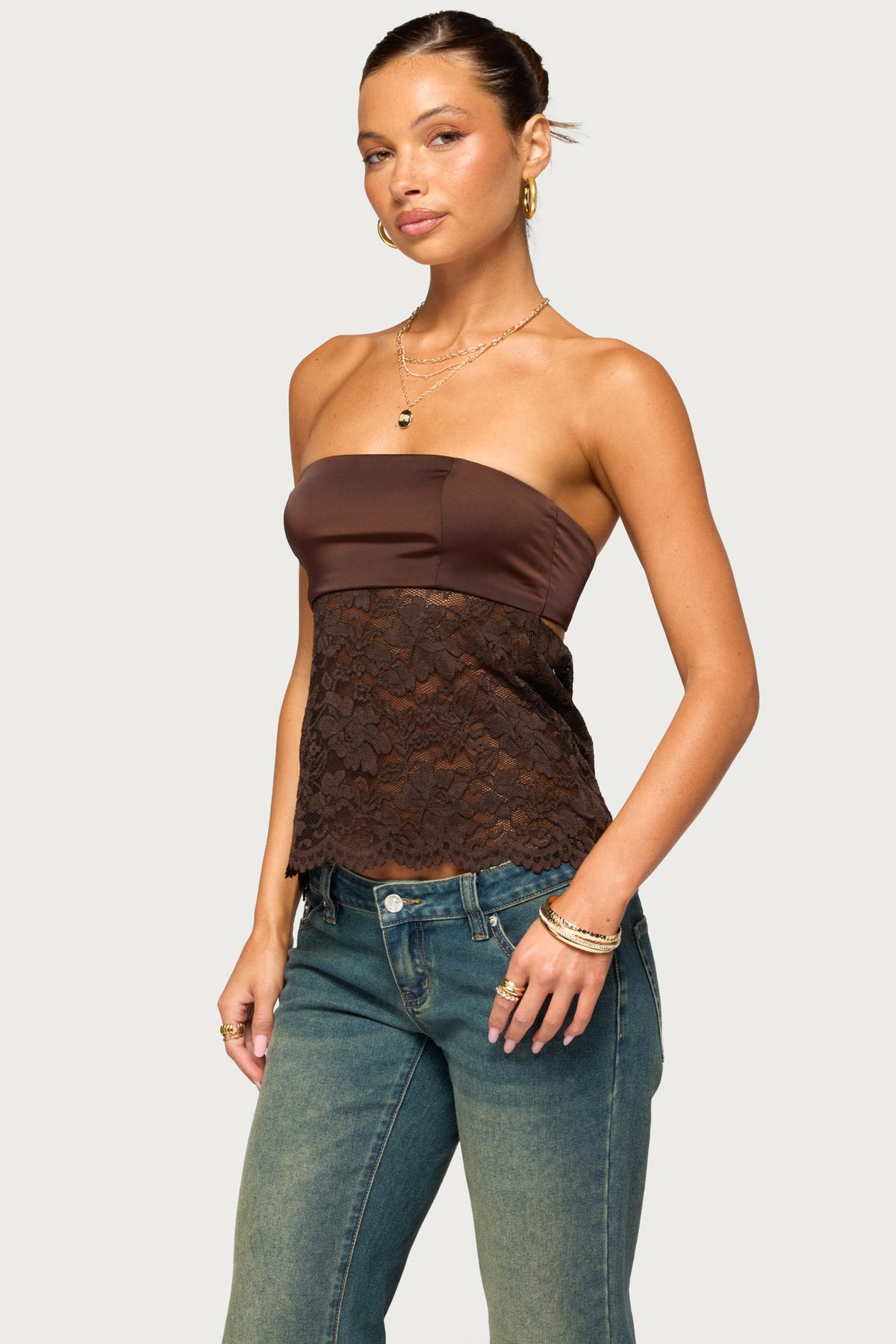 Laely Lacey Satin Effect Strapless Top - Image 5