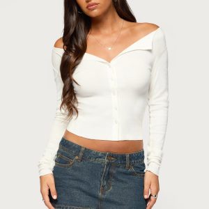 Leely Long Sleeve Button Up Ribbed Top