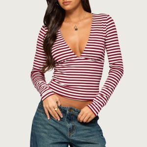 Gaby Striped Long Sleeve V Neck Top