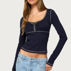 Harpen Contrast Stitch Long Sleeve Top